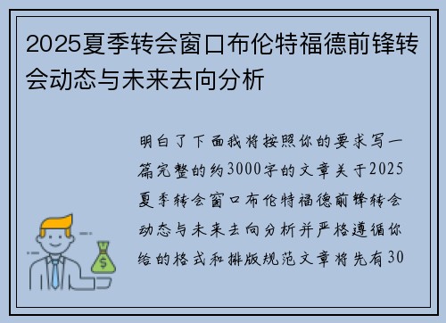2025夏季转会窗口布伦特福德前锋转会动态与未来去向分析