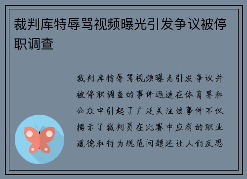 裁判库特辱骂视频曝光引发争议被停职调查 裁判库特辱骂视频曝光引发争议被停职调查